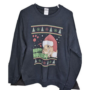 Gildan Christmas Rabbit Bunny Sweatshirt MEDIUM Black HOPPY HOLIDAYS READ